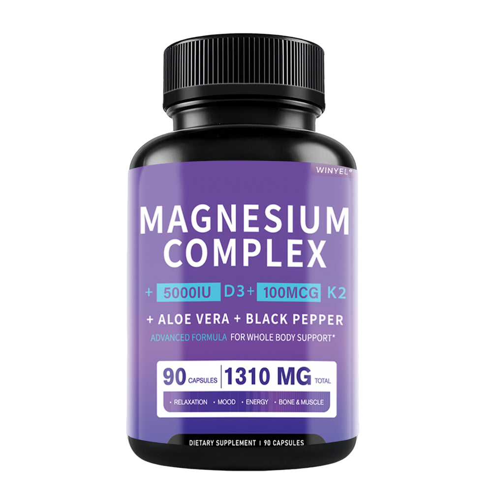 Magnesium Glycinate 1160mg With Aloe Vera, Vitamin D3 & K2 Complex - Supports Stress Relief, Sleep, Muscle, Nerve, Heart & Metabolism - Chelated Magnesium Supplement - 90 Capsules