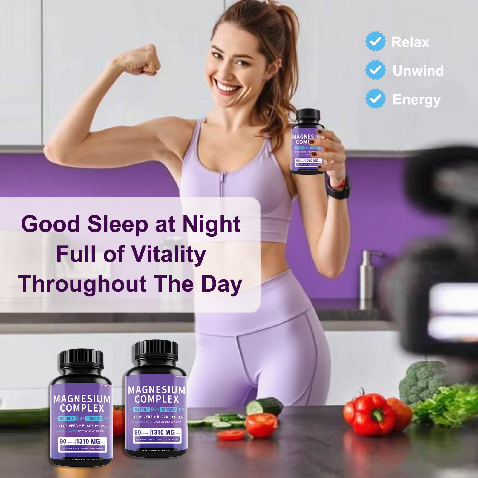 Magnesium Glycinate 1160mg With Aloe Vera, Vitamin D3 & K2 Complex - Supports Stress Relief, Sleep, Muscle, Nerve, Heart & Metabolism - Chelated Magnesium Supplement - 90 Capsules